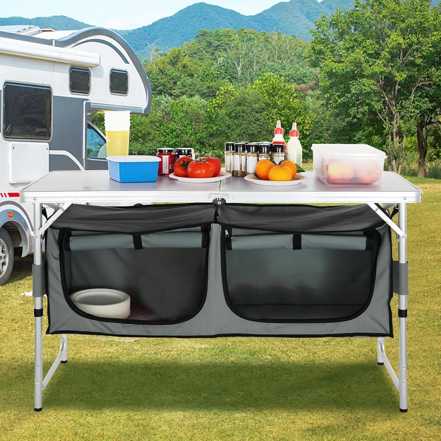 Camping Kitchen Station, 3 Adj - Camping Cooking Table With Storage ulasan dan harga